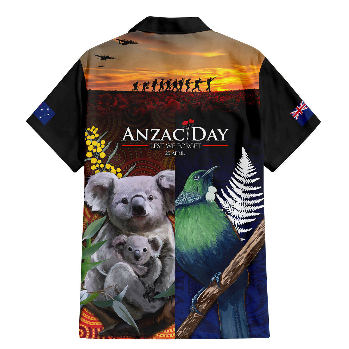 Australia and New Zealand ANZAC Day Family Matching Mermaid Dress and Hawaiian Shirt Tui Bird and Koala mix Maori and Aboriginal Pattern