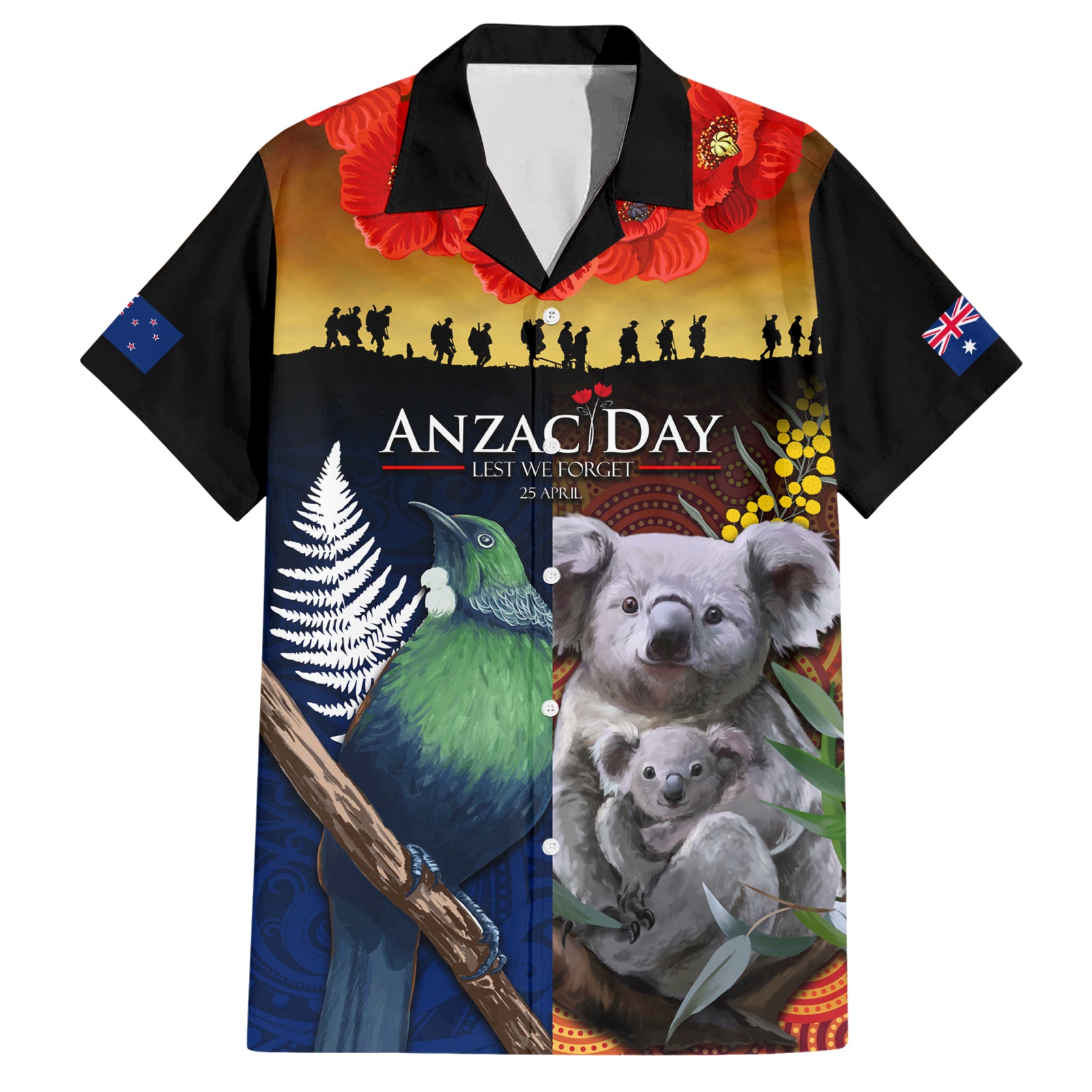 Australia and New Zealand ANZAC Day Hawaiian Shirt Tui Bird and Koala mix Maori and Aboriginal Pattern - Vibe Hoodie Shop