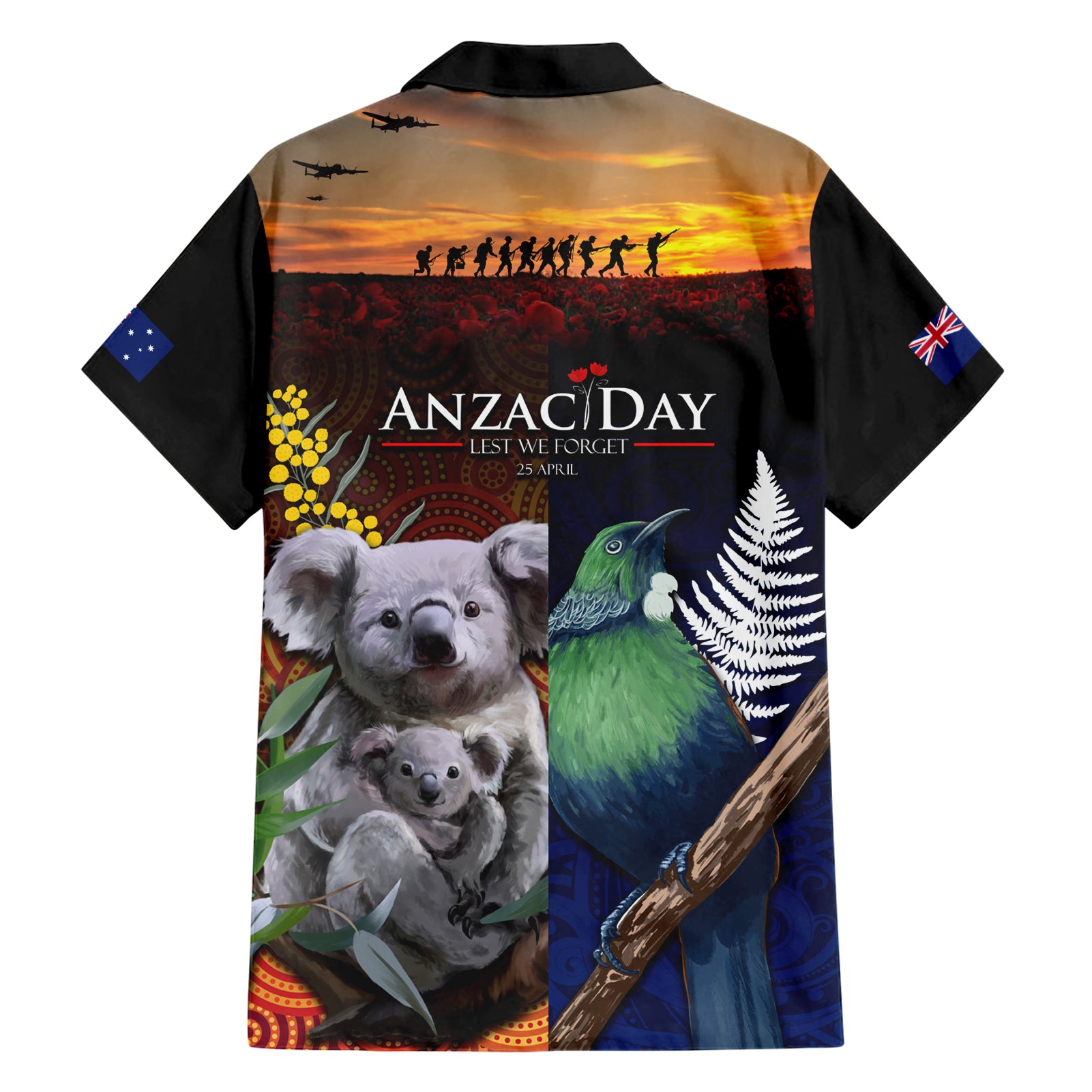 Australia and New Zealand ANZAC Day Hawaiian Shirt Tui Bird and Koala mix Maori and Aboriginal Pattern - Vibe Hoodie Shop