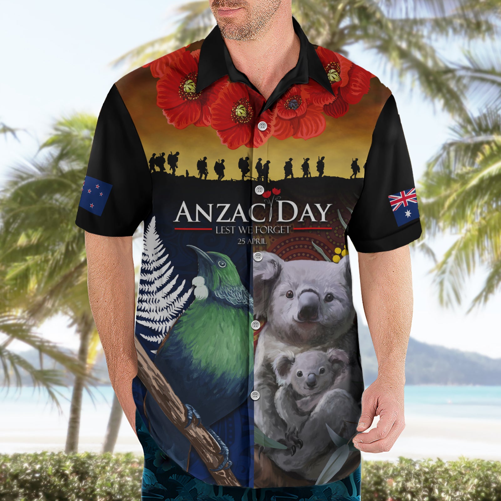 Australia and New Zealand ANZAC Day Hawaiian Shirt Tui Bird and Koala mix Maori and Aboriginal Pattern - Vibe Hoodie Shop