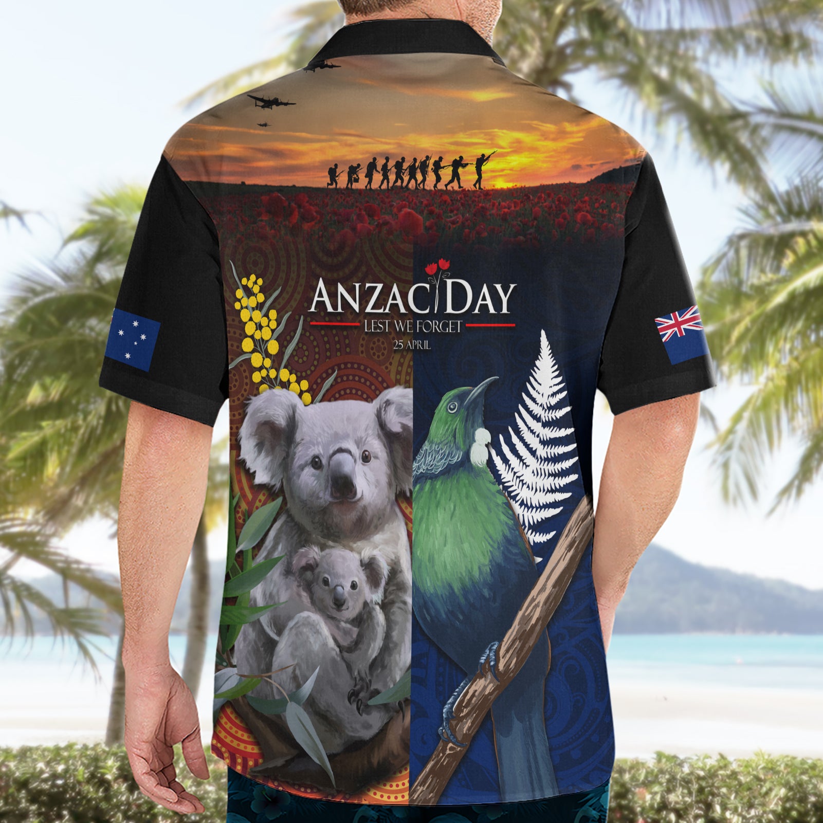 Australia and New Zealand ANZAC Day Hawaiian Shirt Tui Bird and Koala mix Maori and Aboriginal Pattern - Vibe Hoodie Shop