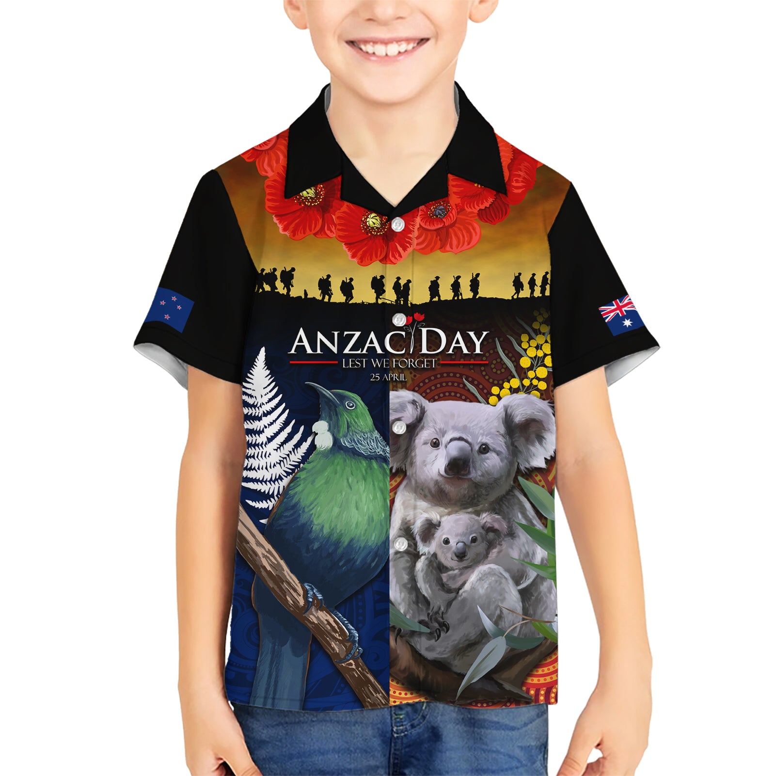 Australia and New Zealand ANZAC Day Hawaiian Shirt Tui Bird and Koala mix Maori and Aboriginal Pattern - Vibe Hoodie Shop