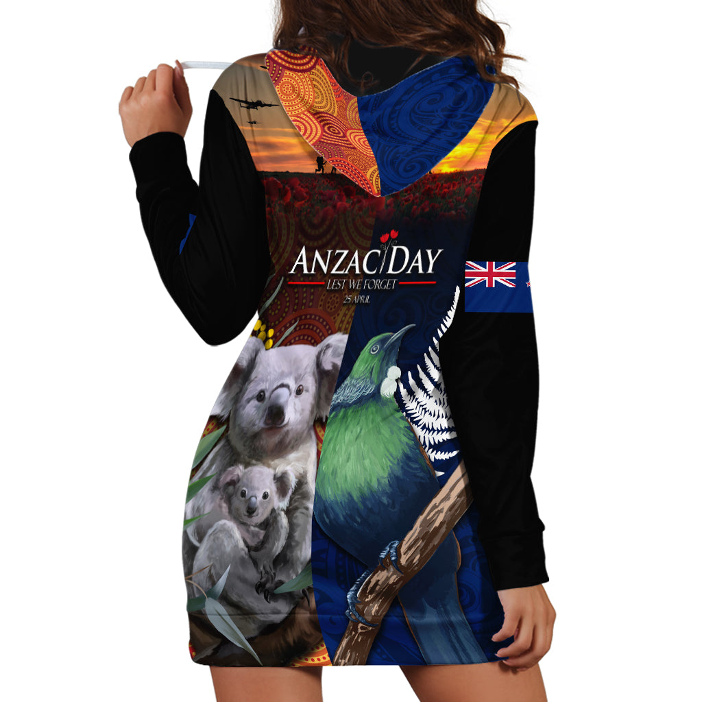Australia and New Zealand ANZAC Day Hoodie Dress Tui Bird and Koala mix Maori and Aboriginal Pattern - Vibe Hoodie Shop