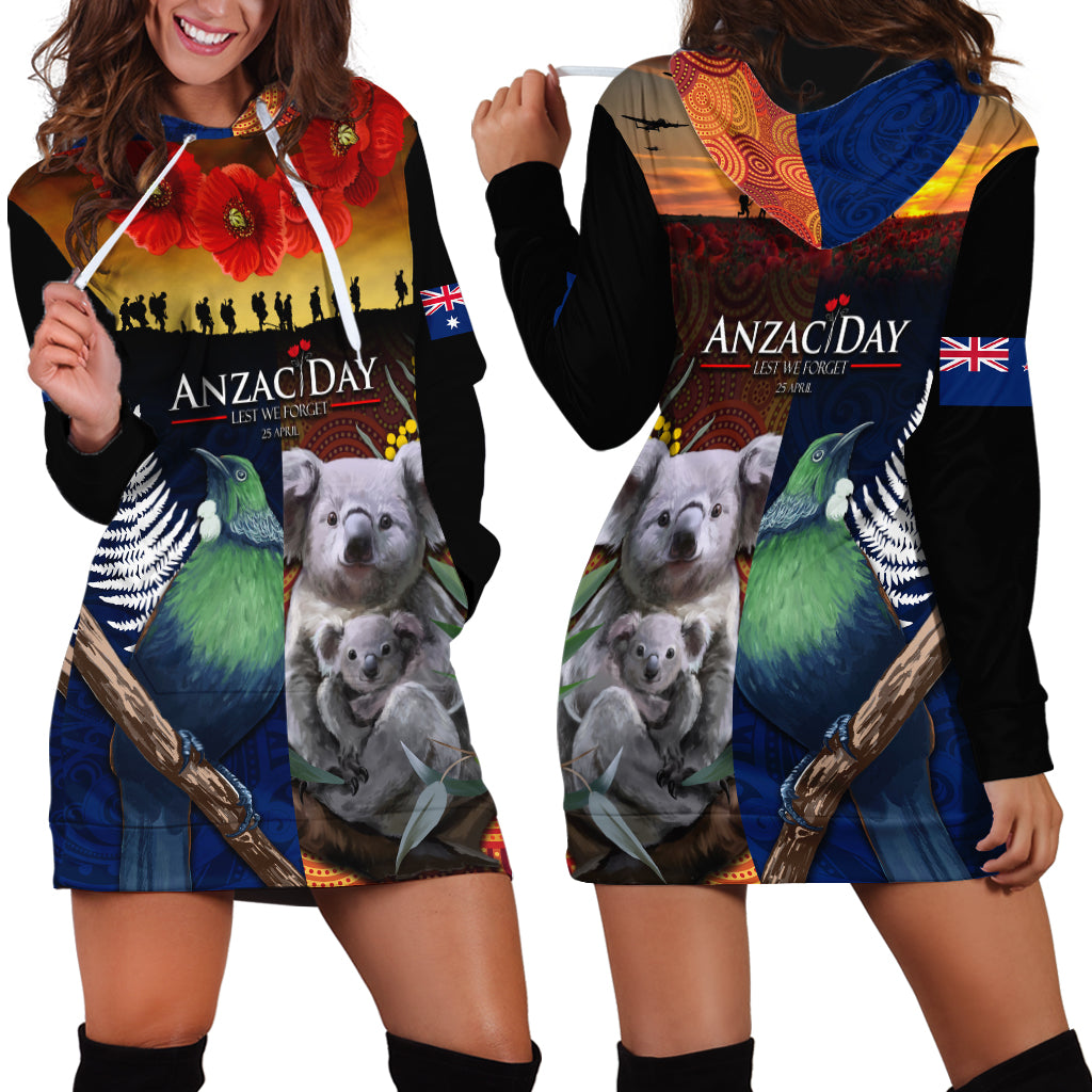 Australia and New Zealand ANZAC Day Hoodie Dress Tui Bird and Koala mix Maori and Aboriginal Pattern - Vibe Hoodie Shop