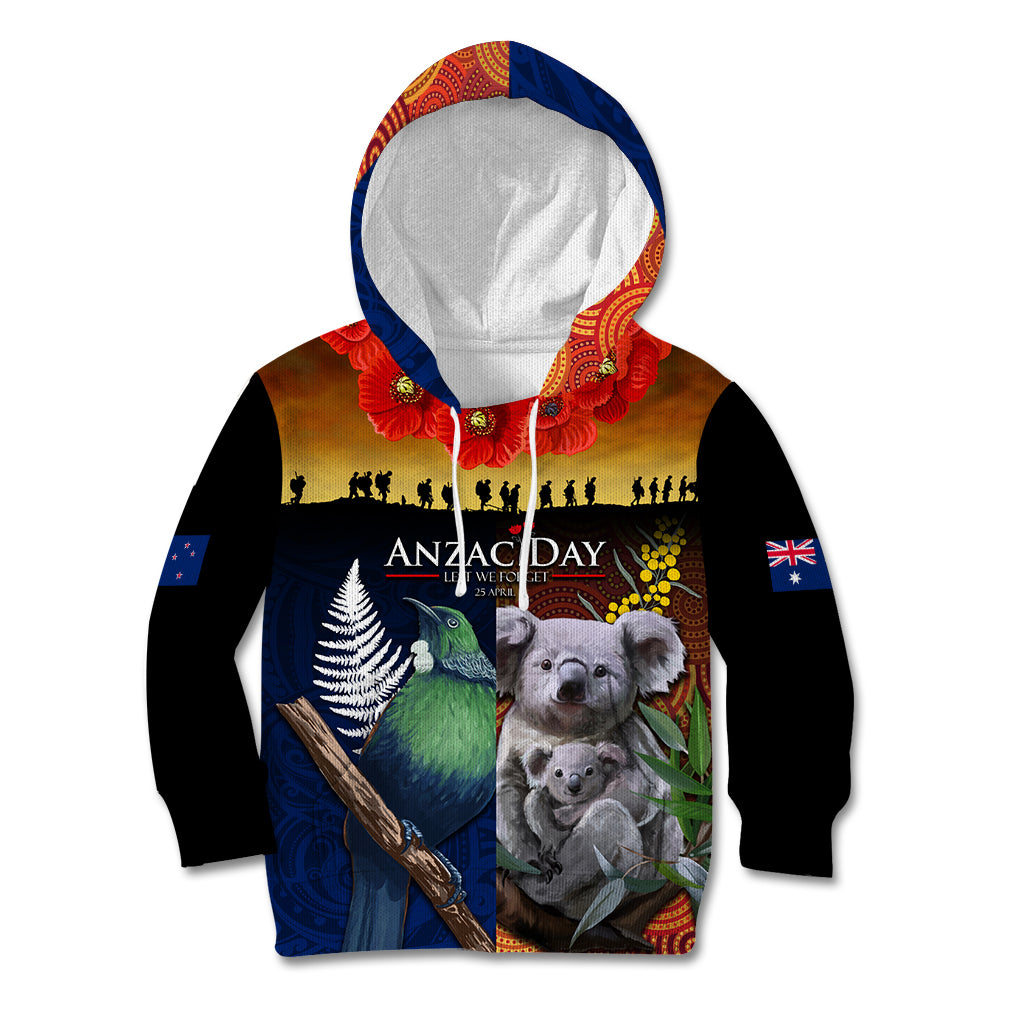 Australia and New Zealand ANZAC Day Kid Hoodie Tui Bird and Koala mix Maori and Aboriginal Pattern - Vibe Hoodie Shop