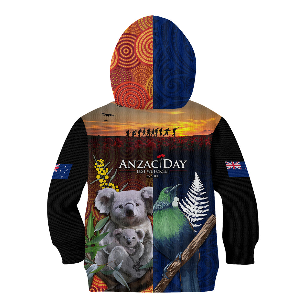 Australia and New Zealand ANZAC Day Kid Hoodie Tui Bird and Koala mix Maori and Aboriginal Pattern - Vibe Hoodie Shop