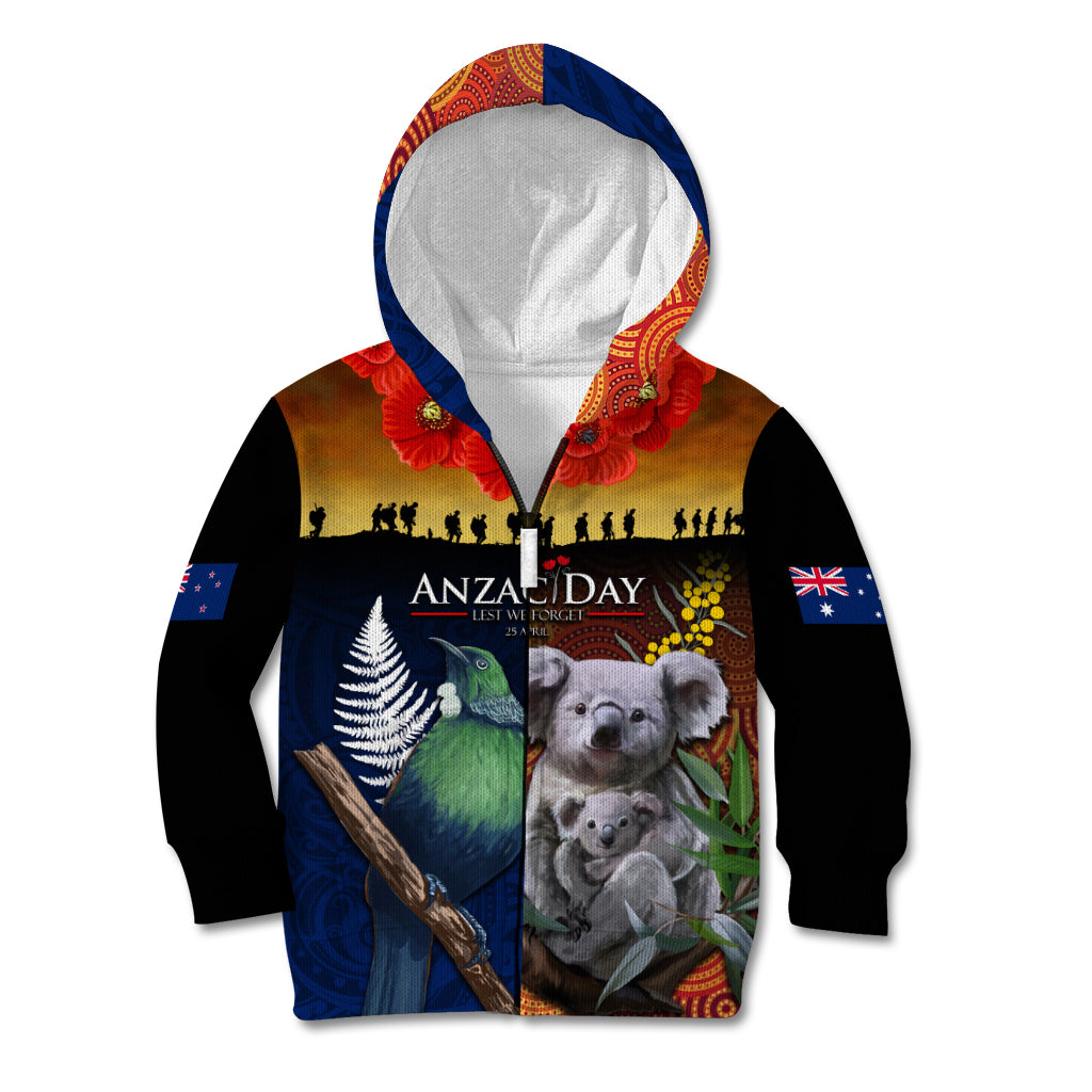 Australia and New Zealand ANZAC Day Kid Hoodie Tui Bird and Koala mix Maori and Aboriginal Pattern - Vibe Hoodie Shop