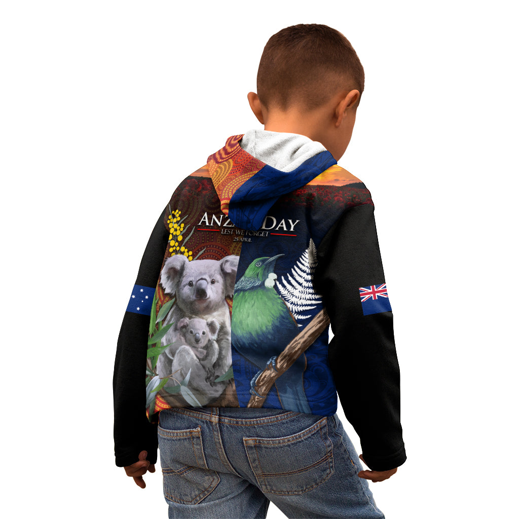Australia and New Zealand ANZAC Day Kid Hoodie Tui Bird and Koala mix Maori and Aboriginal Pattern - Vibe Hoodie Shop