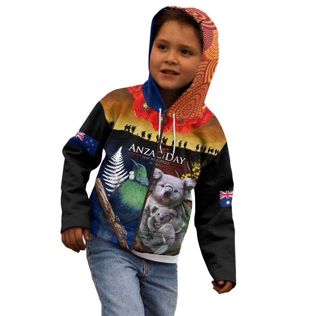 Australia and New Zealand ANZAC Day Kid Hoodie Tui Bird and Koala mix Maori and Aboriginal Pattern - Vibe Hoodie Shop