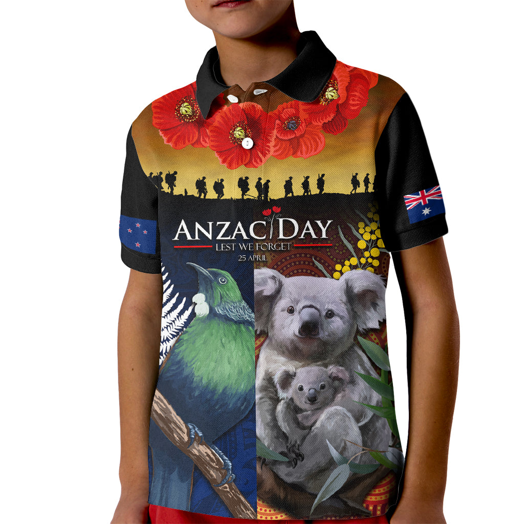 Australia and New Zealand ANZAC Day Kid Polo Shirt Tui Bird and Koala mix Maori and Aboriginal Pattern - Vibe Hoodie Shop