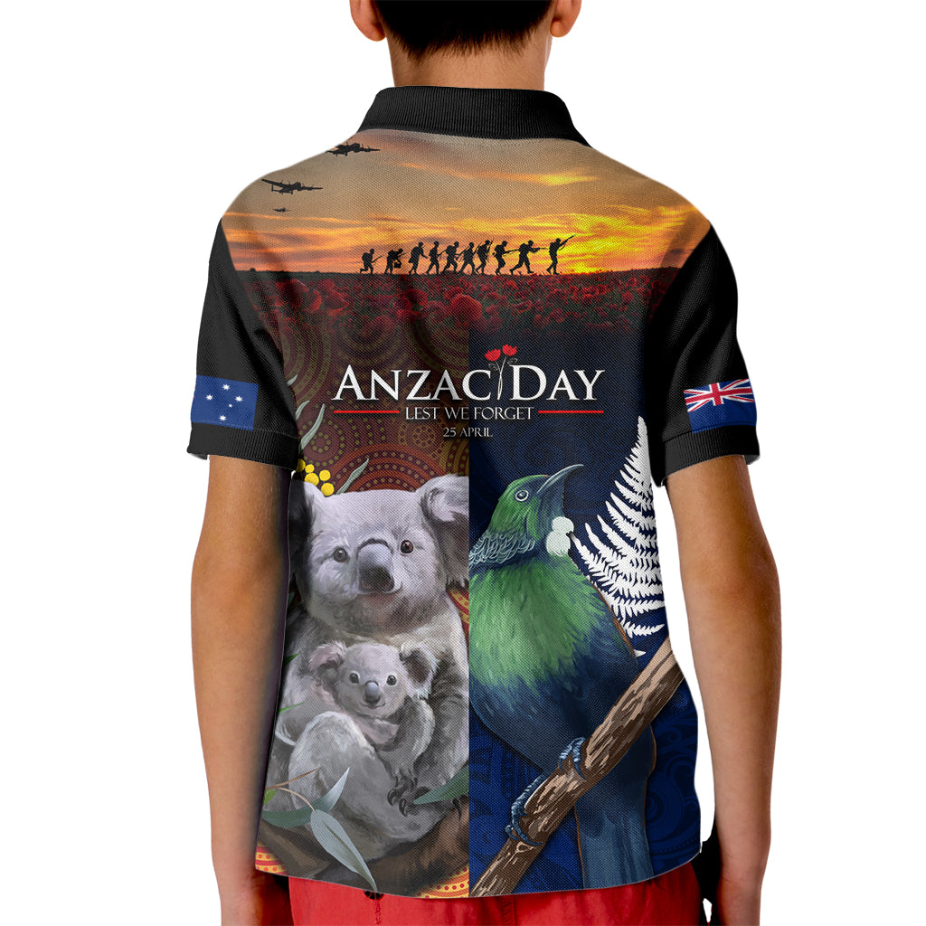 Australia and New Zealand ANZAC Day Kid Polo Shirt Tui Bird and Koala mix Maori and Aboriginal Pattern - Vibe Hoodie Shop