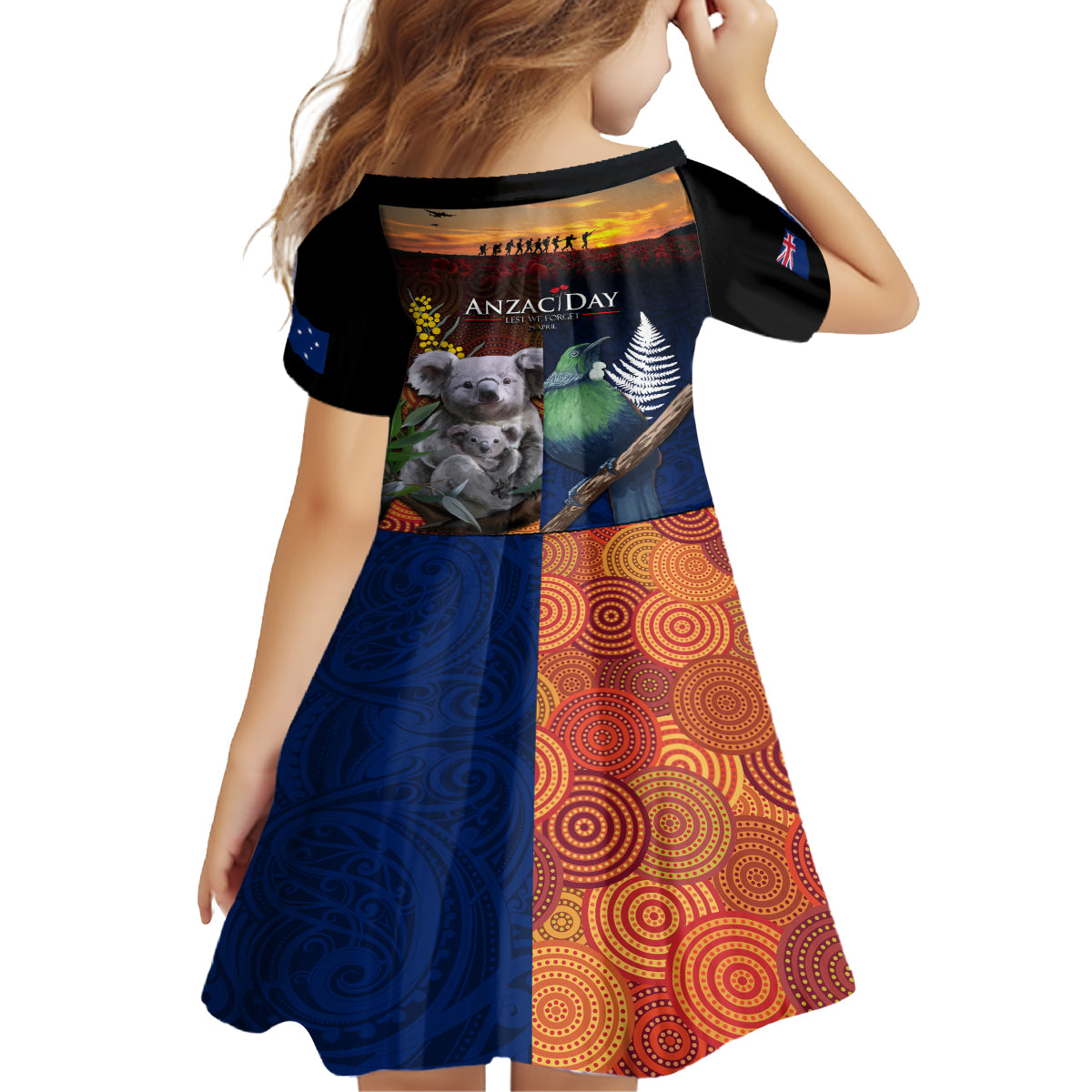 Australia and New Zealand ANZAC Day Kid Short Sleeve Dress Tui Bird and Koala mix Maori and Aboriginal Pattern - Vibe Hoodie Shop