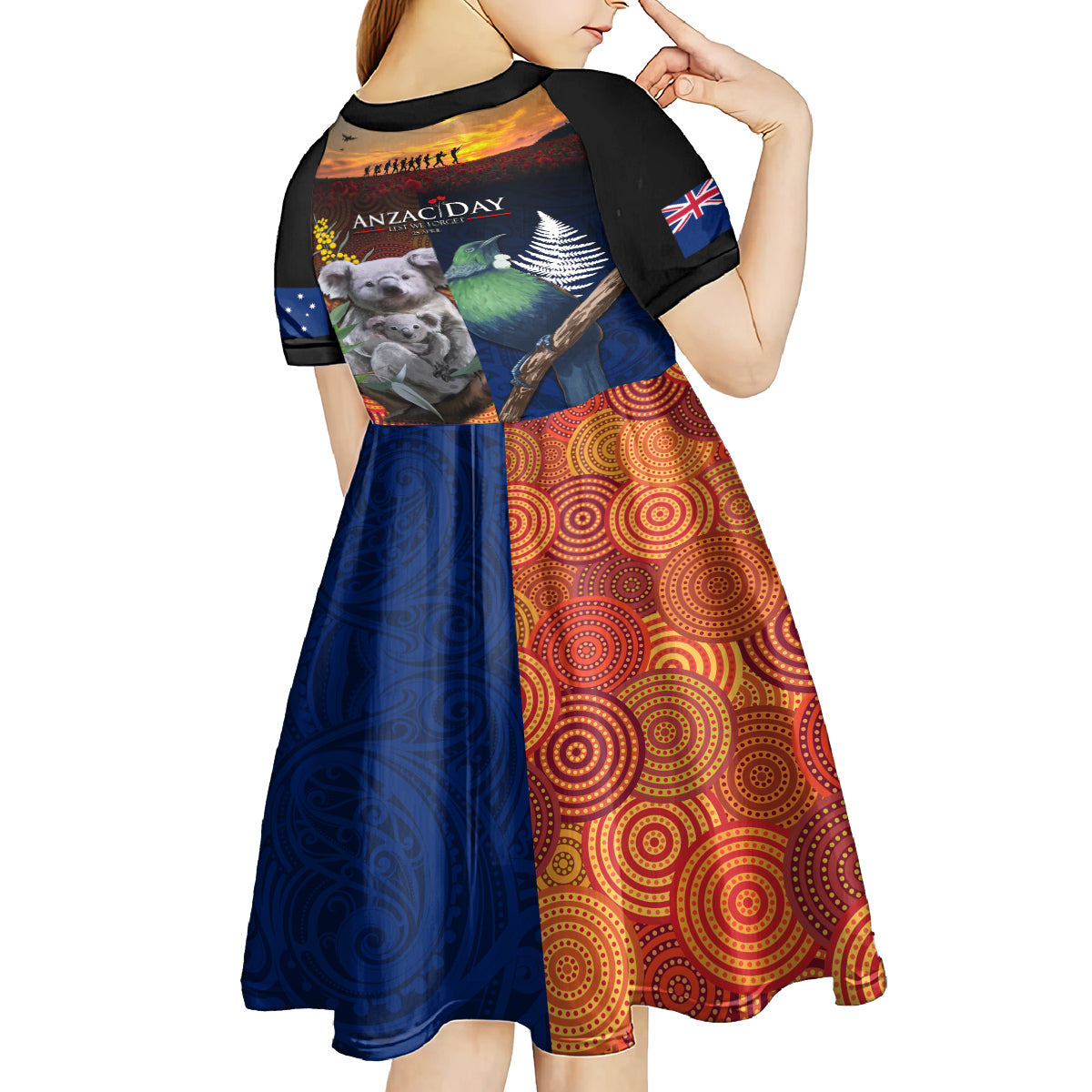 Australia and New Zealand ANZAC Day Kid Short Sleeve Dress Tui Bird and Koala mix Maori and Aboriginal Pattern - Vibe Hoodie Shop