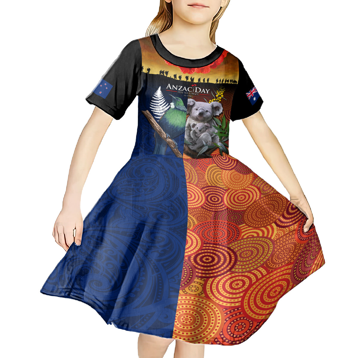 Australia and New Zealand ANZAC Day Kid Short Sleeve Dress Tui Bird and Koala mix Maori and Aboriginal Pattern - Vibe Hoodie Shop
