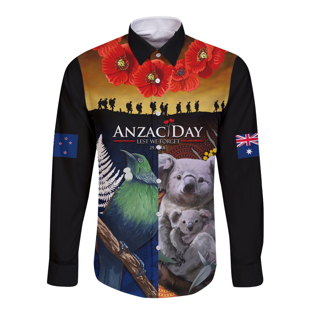 Australia and New Zealand ANZAC Day Long Sleeve Button Shirt Tui Bird and Koala mix Maori and Aboriginal Pattern - Vibe Hoodie Shop
