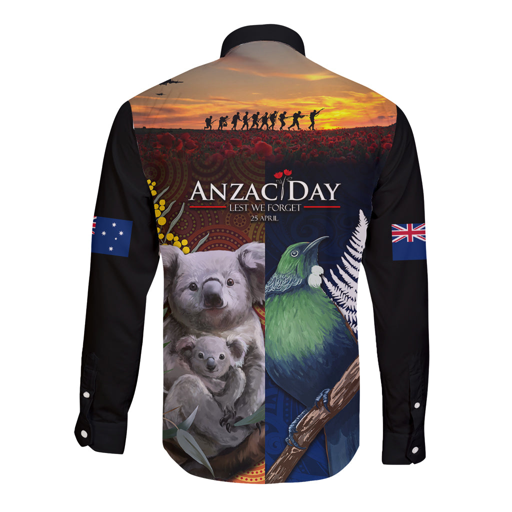 Australia and New Zealand ANZAC Day Long Sleeve Button Shirt Tui Bird and Koala mix Maori and Aboriginal Pattern - Vibe Hoodie Shop