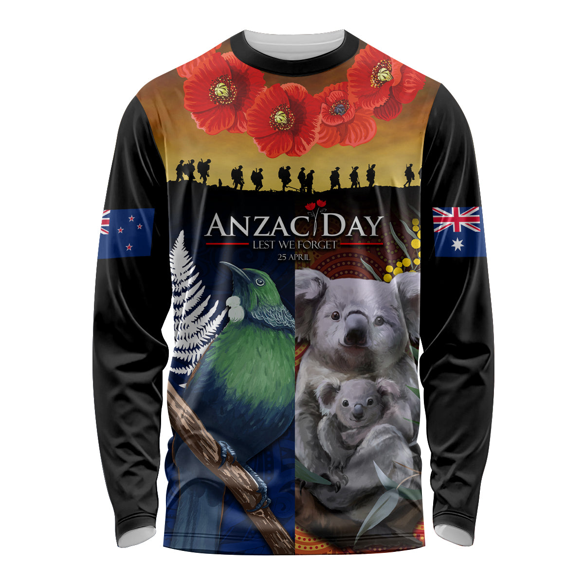 Australia and New Zealand ANZAC Day Long Sleeve Shirt Tui Bird and Koala mix Maori and Aboriginal Pattern - Vibe Hoodie Shop