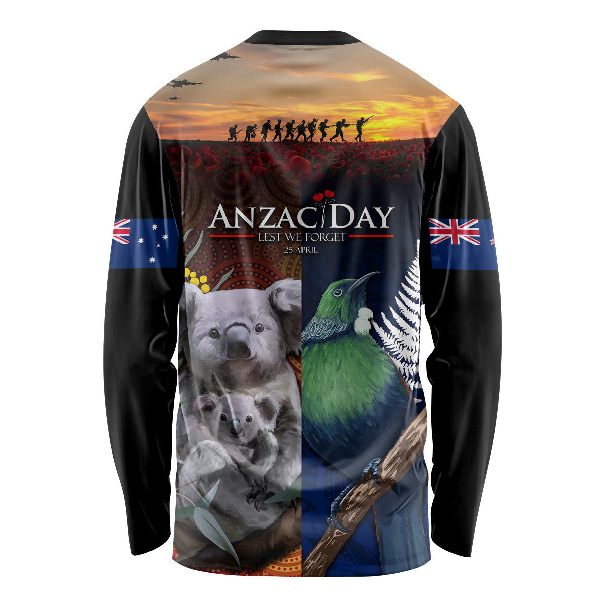 Australia and New Zealand ANZAC Day Long Sleeve Shirt Tui Bird and Koala mix Maori and Aboriginal Pattern - Vibe Hoodie Shop