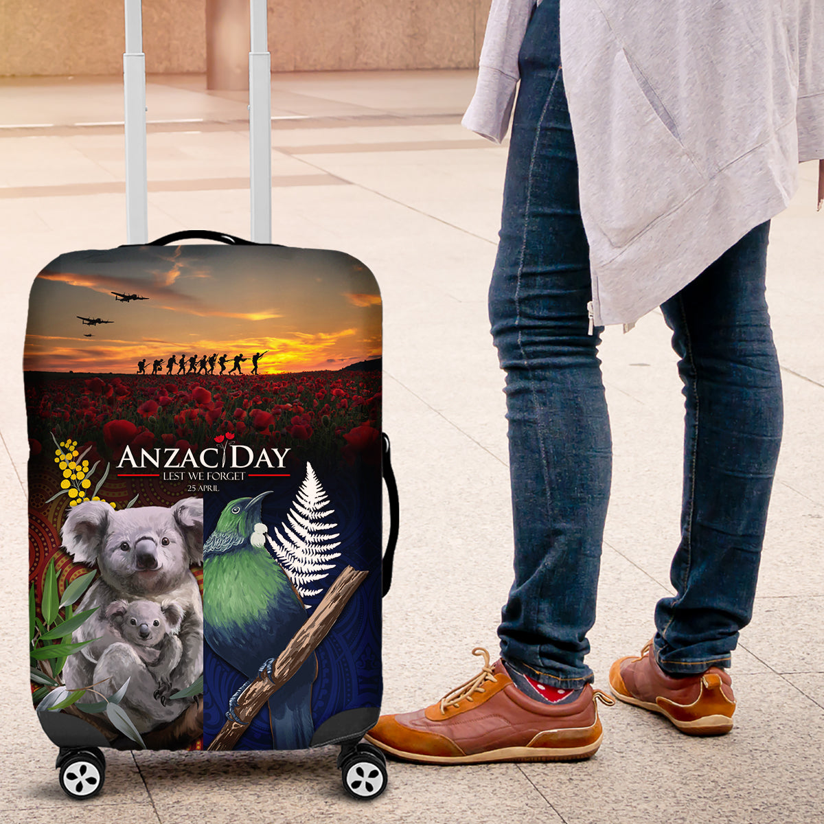 Australia and New Zealand ANZAC Day Luggage Cover Tui Bird and Koala mix Maori and Aboriginal Pattern - Vibe Hoodie Shop