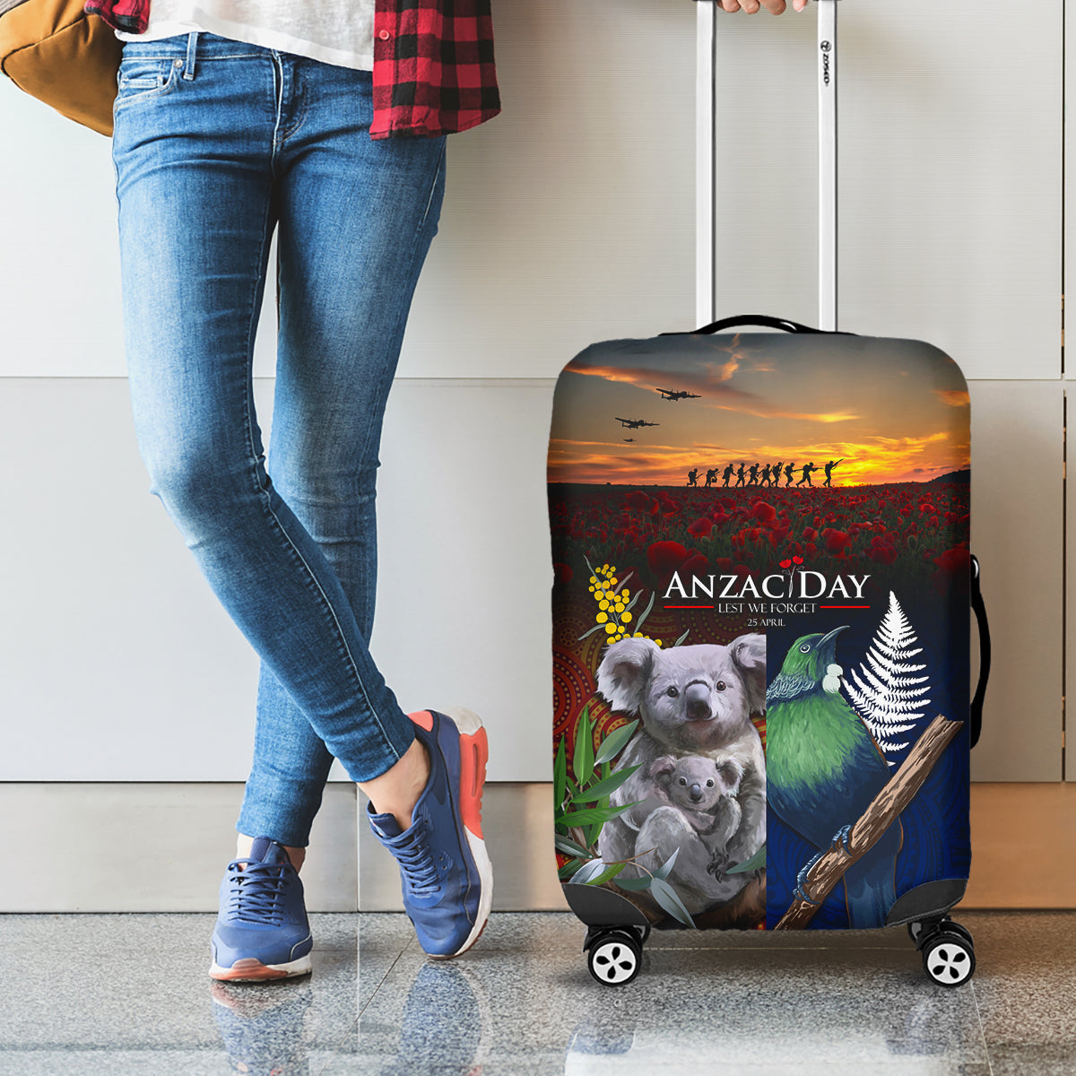 Australia and New Zealand ANZAC Day Luggage Cover Tui Bird and Koala mix Maori and Aboriginal Pattern - Vibe Hoodie Shop