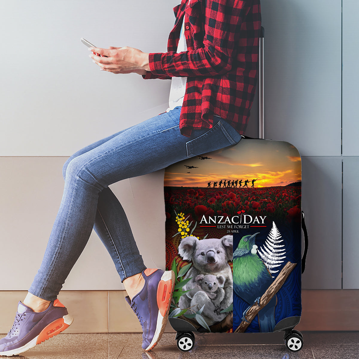 Australia and New Zealand ANZAC Day Luggage Cover Tui Bird and Koala mix Maori and Aboriginal Pattern - Vibe Hoodie Shop