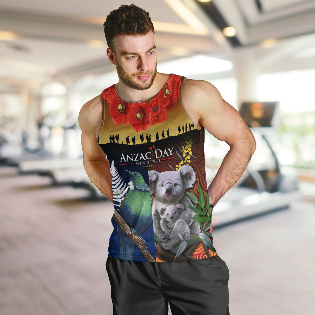 Australia and New Zealand ANZAC Day Men Tank Top Tui Bird and Koala mix Maori and Aboriginal Pattern - Vibe Hoodie Shop