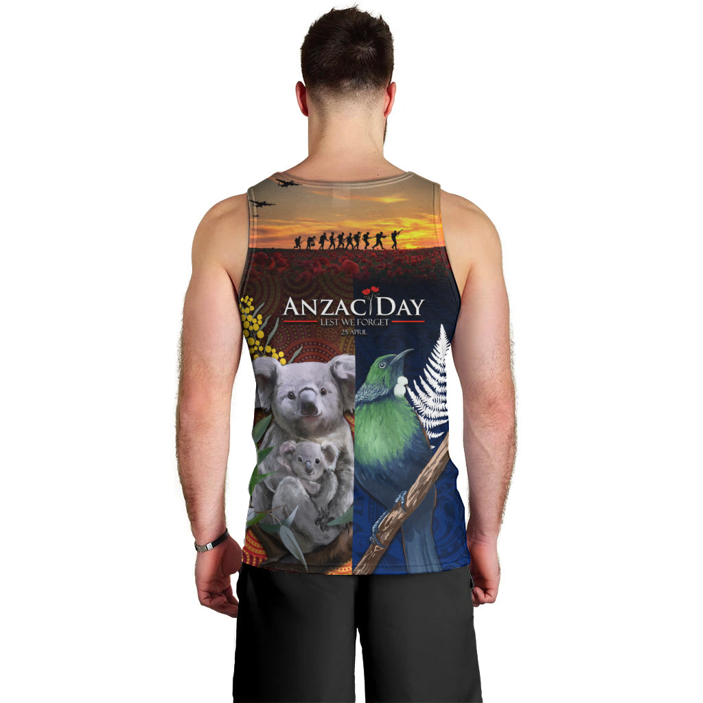 Australia and New Zealand ANZAC Day Men Tank Top Tui Bird and Koala mix Maori and Aboriginal Pattern - Vibe Hoodie Shop