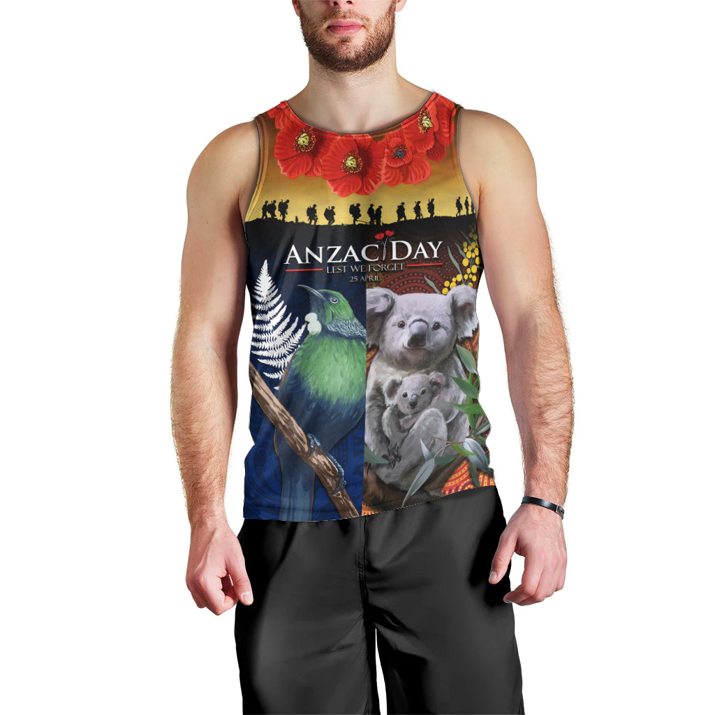 Australia and New Zealand ANZAC Day Men Tank Top Tui Bird and Koala mix Maori and Aboriginal Pattern - Vibe Hoodie Shop