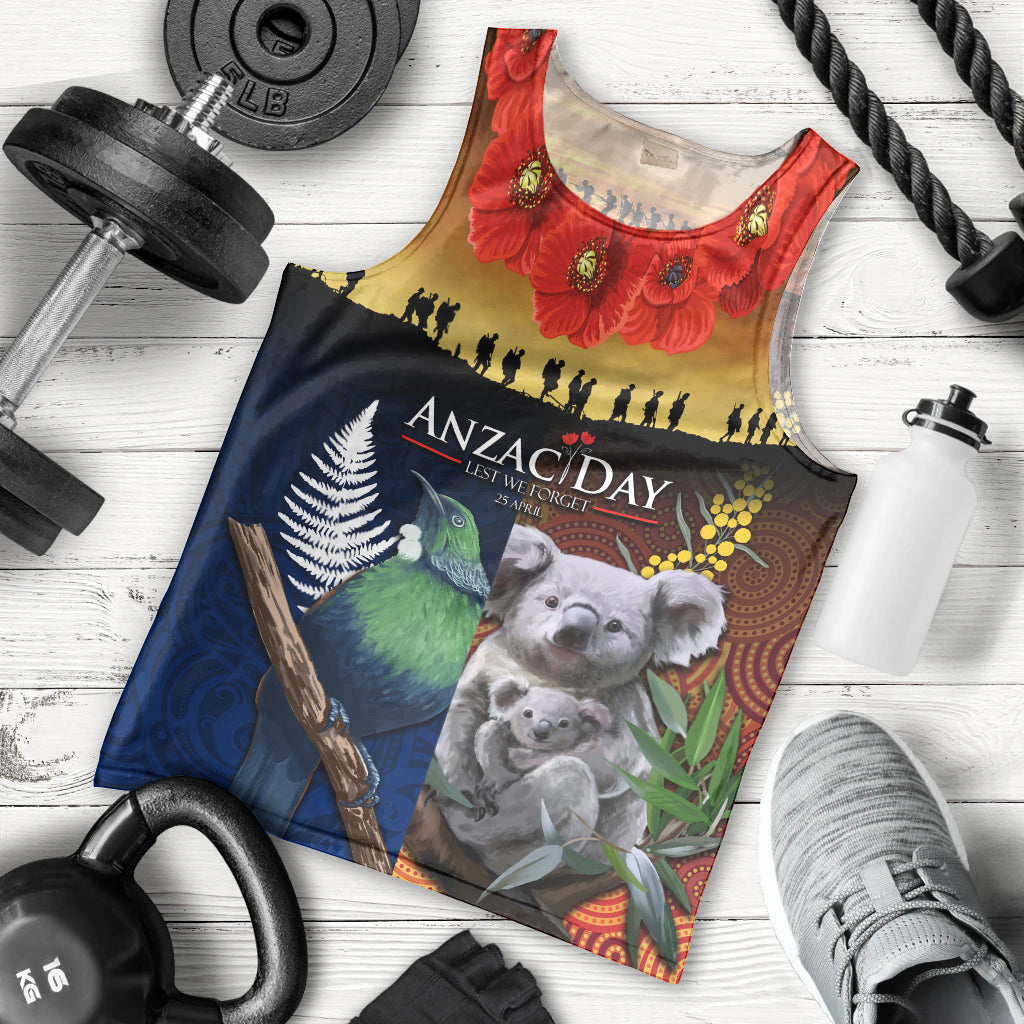 Australia and New Zealand ANZAC Day Men Tank Top Tui Bird and Koala mix Maori and Aboriginal Pattern - Vibe Hoodie Shop