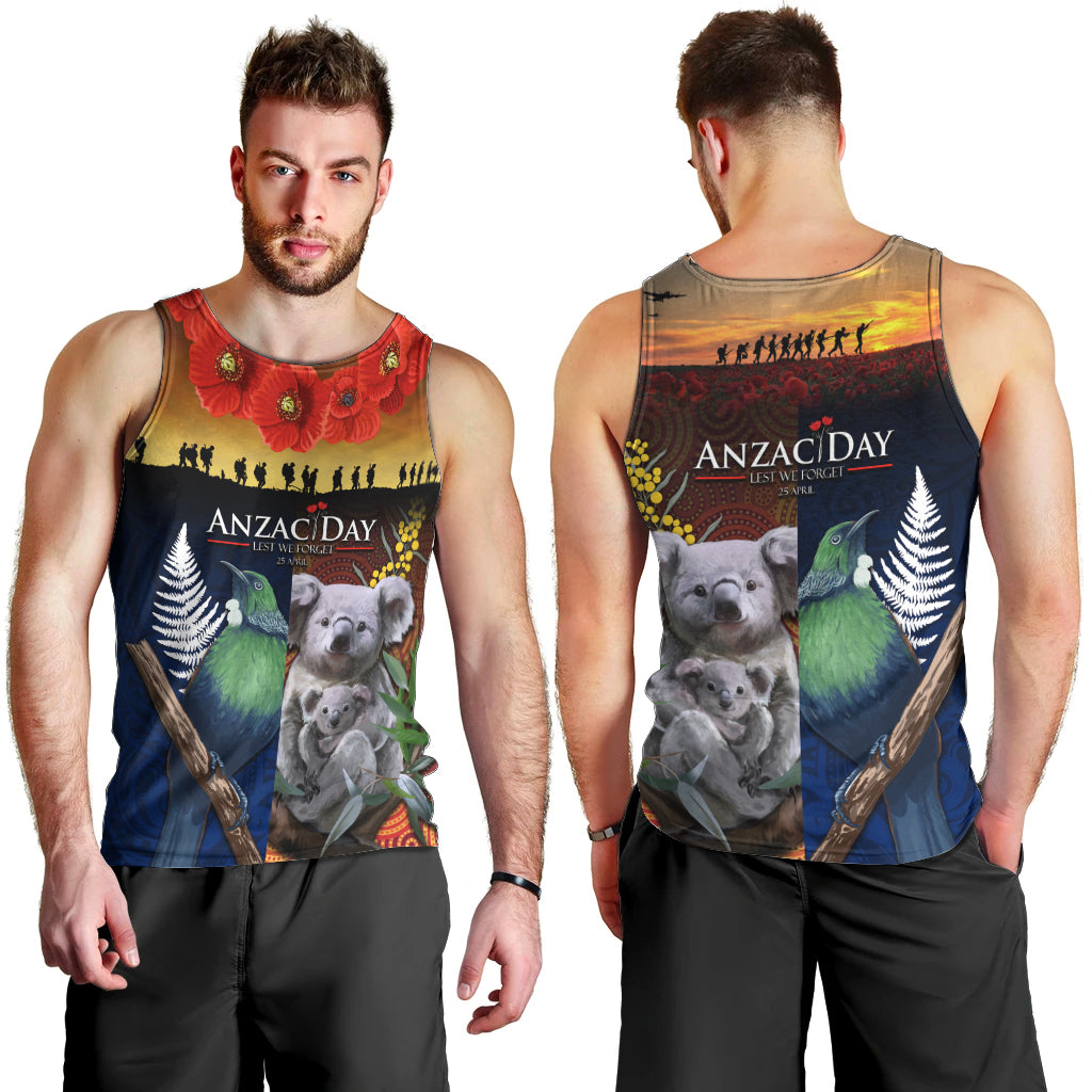 Australia and New Zealand ANZAC Day Men Tank Top Tui Bird and Koala mix Maori and Aboriginal Pattern - Vibe Hoodie Shop