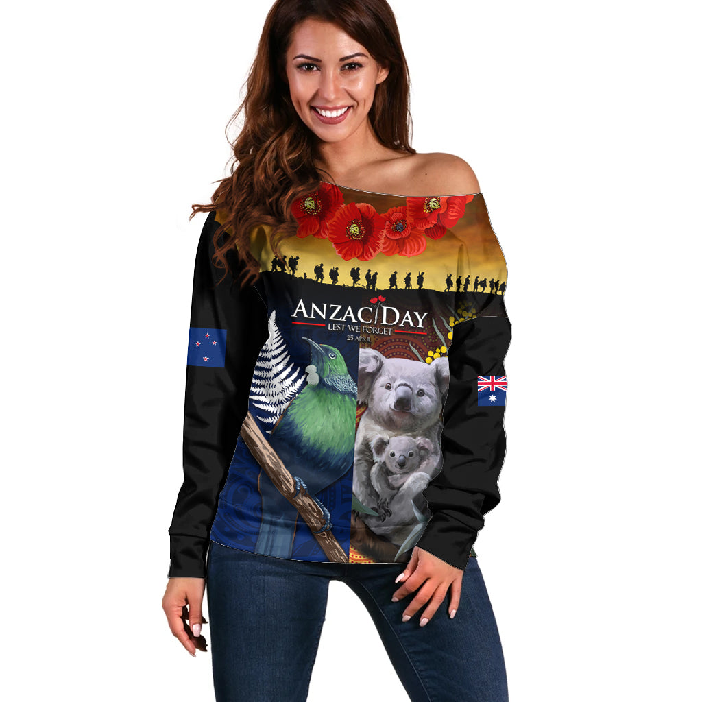 Australia and New Zealand ANZAC Day Off Shoulder Sweater Tui Bird and Koala mix Maori and Aboriginal Pattern - Vibe Hoodie Shop