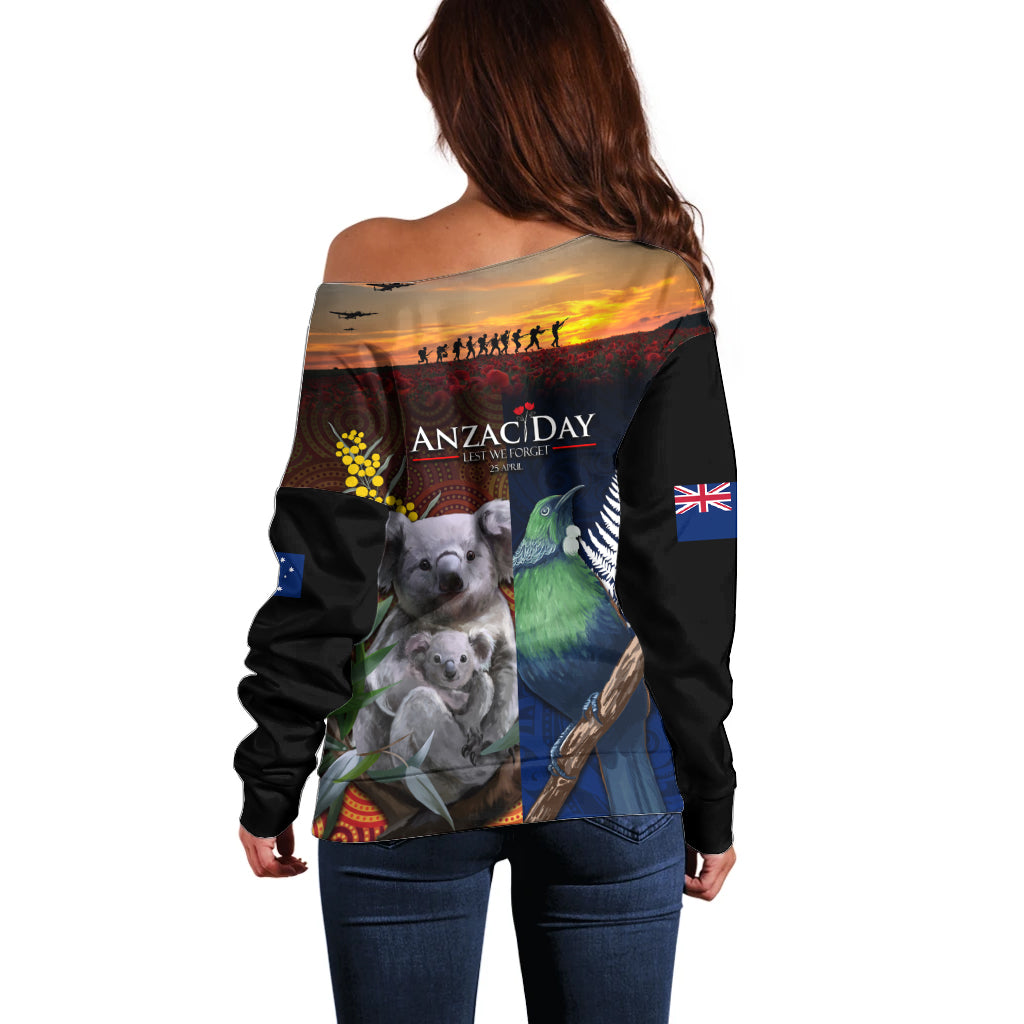 Australia and New Zealand ANZAC Day Off Shoulder Sweater Tui Bird and Koala mix Maori and Aboriginal Pattern - Vibe Hoodie Shop