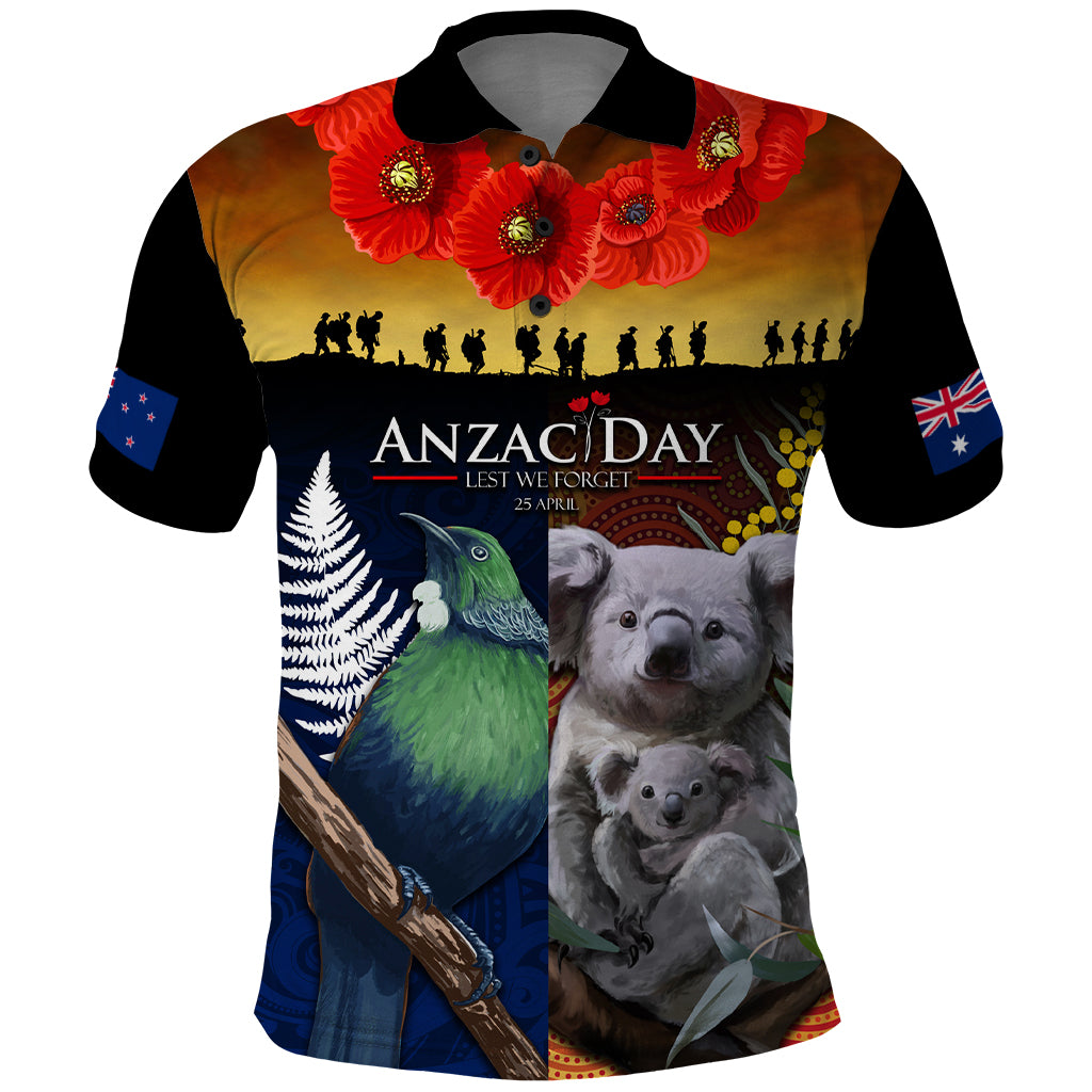 Australia and New Zealand ANZAC Day Polo Shirt Tui Bird and Koala mix Maori and Aboriginal Pattern - Vibe Hoodie Shop