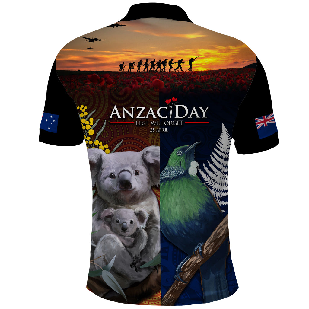 Australia and New Zealand ANZAC Day Polo Shirt Tui Bird and Koala mix Maori and Aboriginal Pattern - Vibe Hoodie Shop