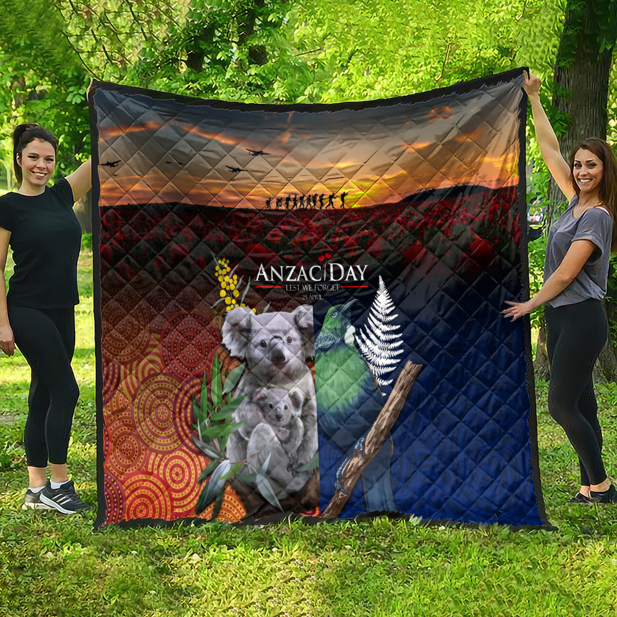Australia and New Zealand ANZAC Day Quilt Tui Bird and Koala mix Maori and Aboriginal Pattern - Vibe Hoodie Shop