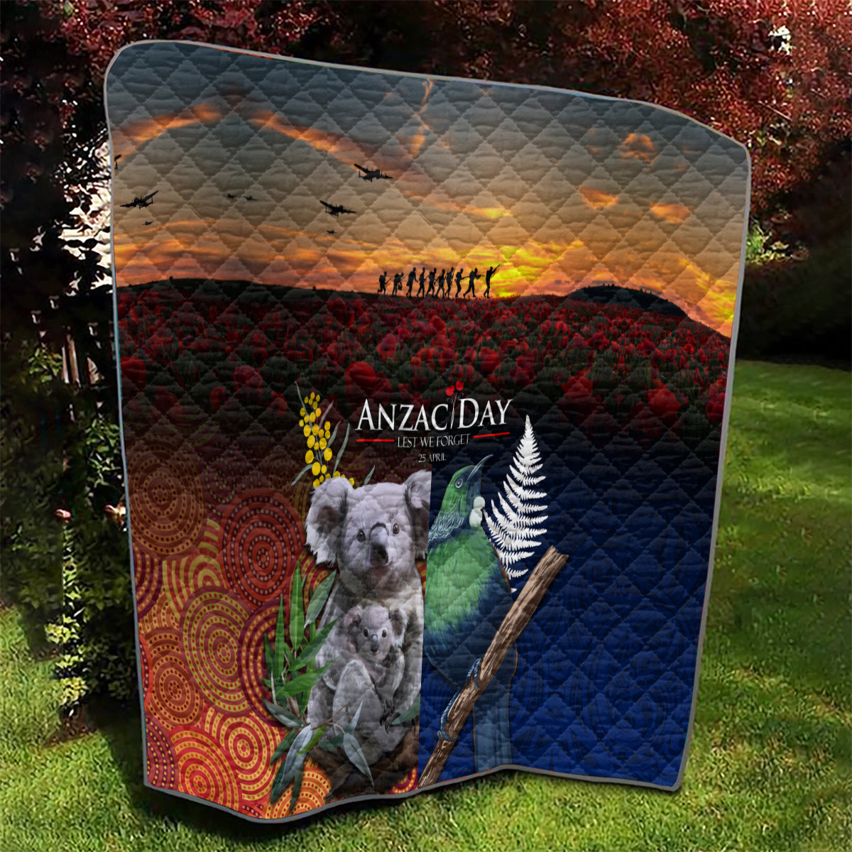 Australia and New Zealand ANZAC Day Quilt Tui Bird and Koala mix Maori and Aboriginal Pattern - Vibe Hoodie Shop