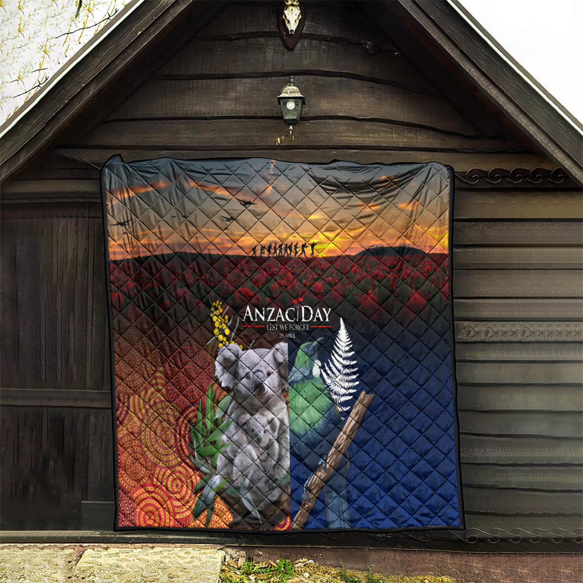 Australia and New Zealand ANZAC Day Quilt Tui Bird and Koala mix Maori and Aboriginal Pattern - Vibe Hoodie Shop