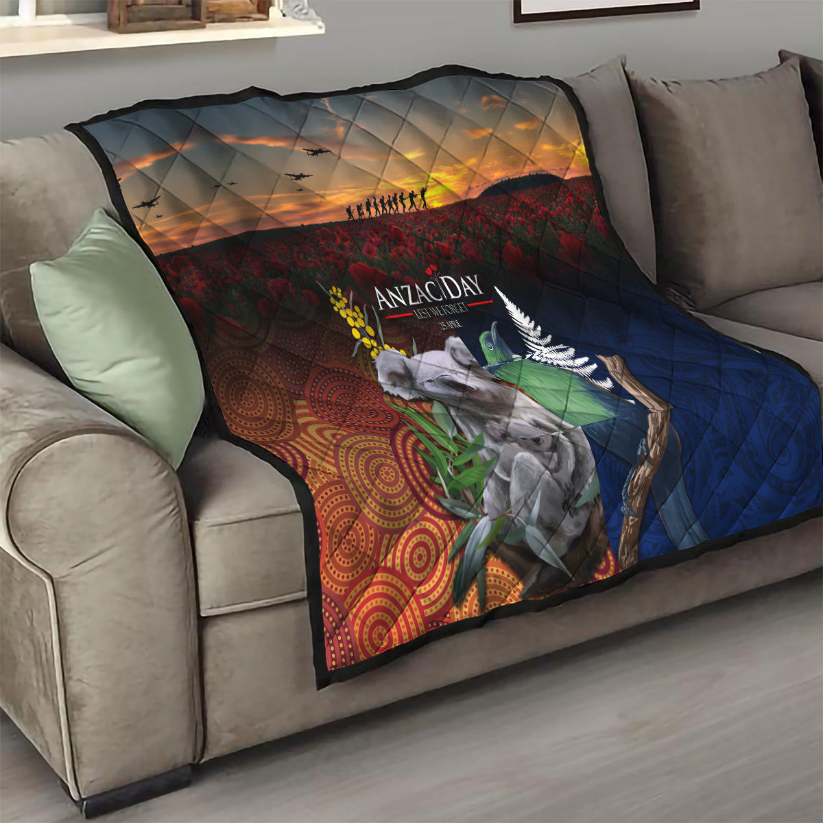 Australia and New Zealand ANZAC Day Quilt Tui Bird and Koala mix Maori and Aboriginal Pattern - Vibe Hoodie Shop