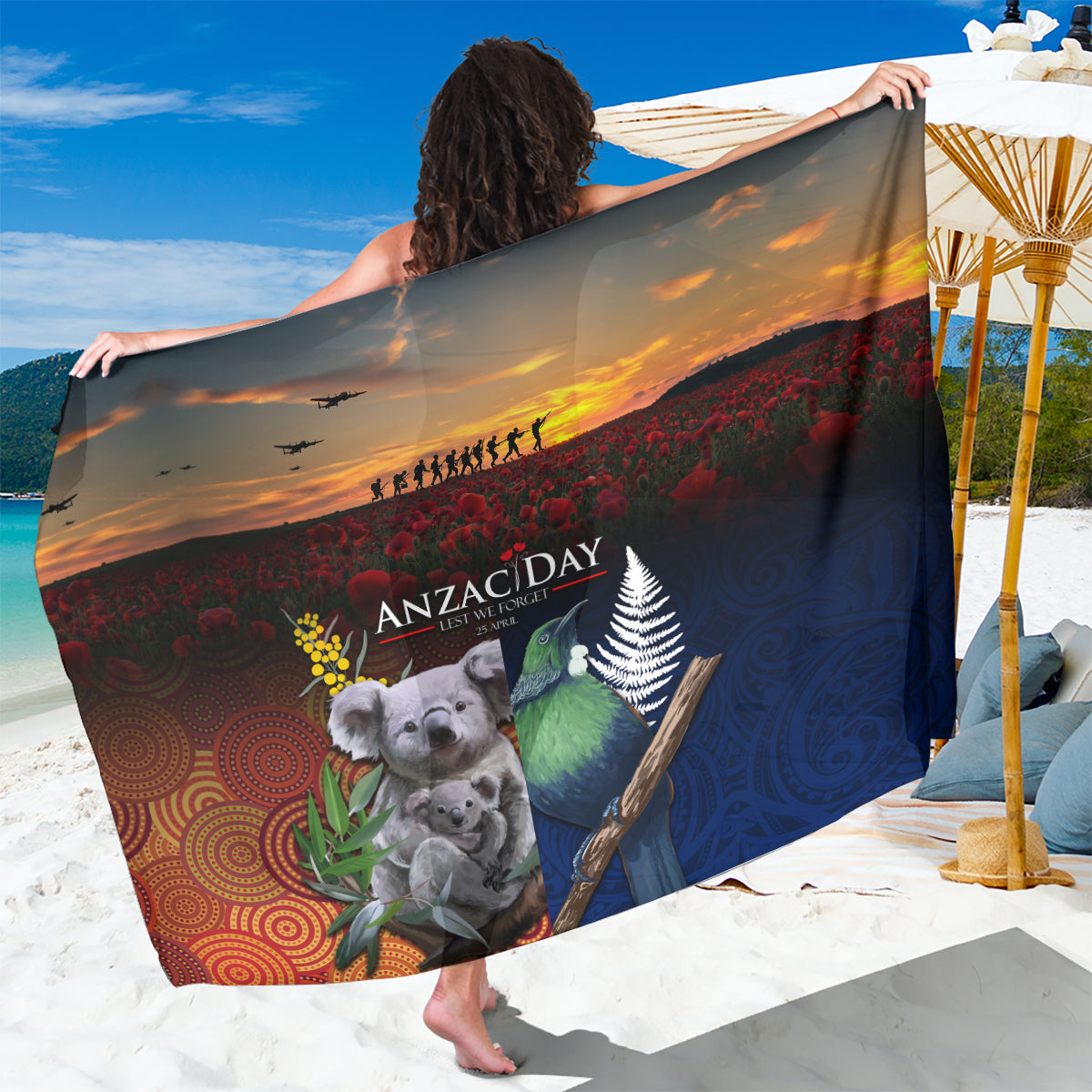 Australia and New Zealand ANZAC Day Sarong Tui Bird and Koala mix Maori and Aboriginal Pattern - Vibe Hoodie Shop