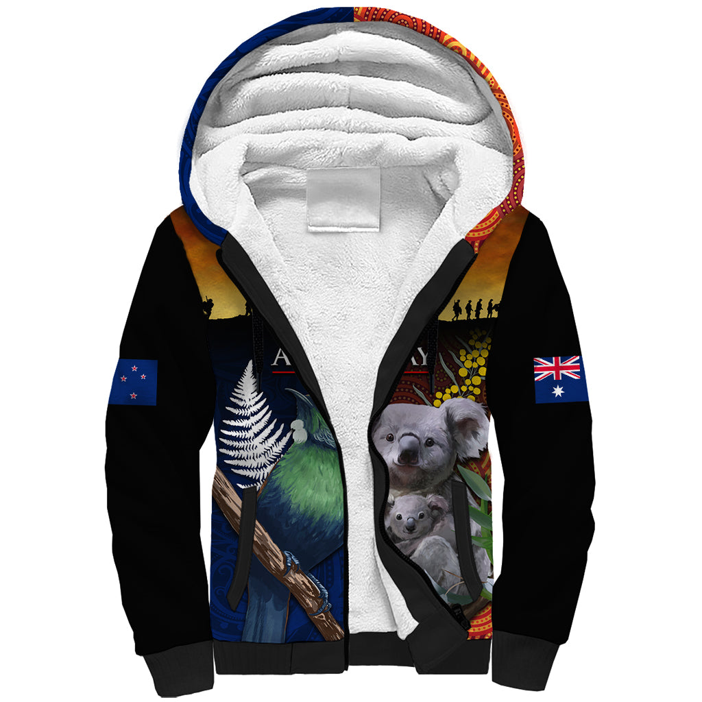 Australia and New Zealand ANZAC Day Sherpa Hoodie Tui Bird and Koala mix Maori and Aboriginal Pattern - Vibe Hoodie Shop