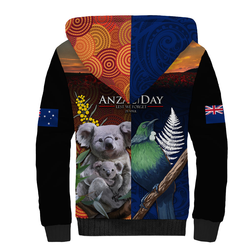 Australia and New Zealand ANZAC Day Sherpa Hoodie Tui Bird and Koala mix Maori and Aboriginal Pattern - Vibe Hoodie Shop
