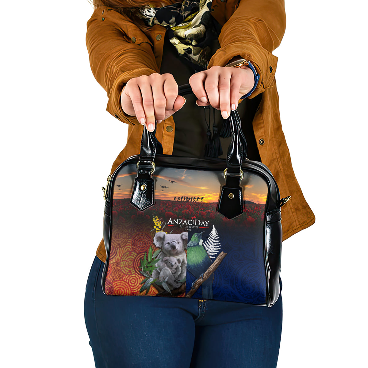 Australia and New Zealand ANZAC Day Shoulder Handbag Tui Bird and Koala mix Maori and Aboriginal Pattern - Vibe Hoodie Shop
