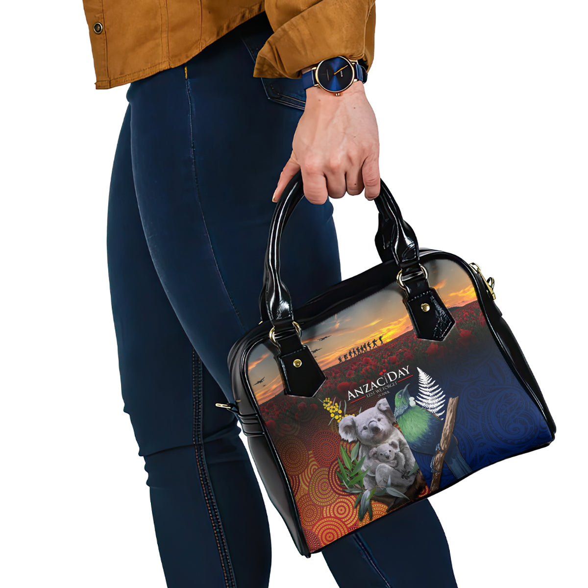 Australia and New Zealand ANZAC Day Shoulder Handbag Tui Bird and Koala mix Maori and Aboriginal Pattern - Vibe Hoodie Shop