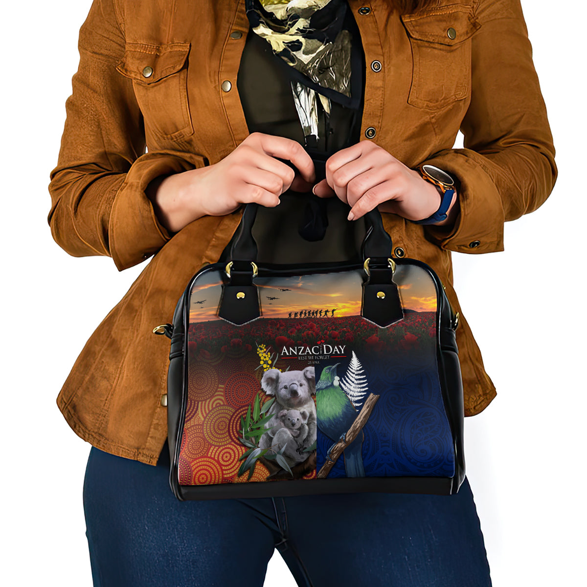 Australia and New Zealand ANZAC Day Shoulder Handbag Tui Bird and Koala mix Maori and Aboriginal Pattern - Vibe Hoodie Shop