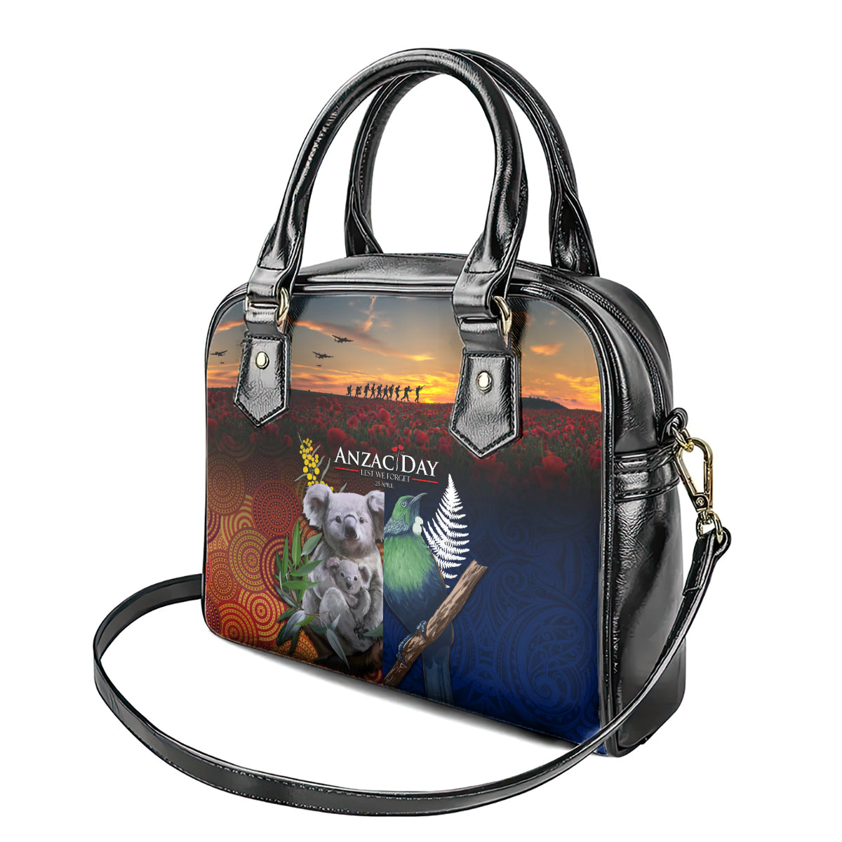 Australia and New Zealand ANZAC Day Shoulder Handbag Tui Bird and Koala mix Maori and Aboriginal Pattern - Vibe Hoodie Shop