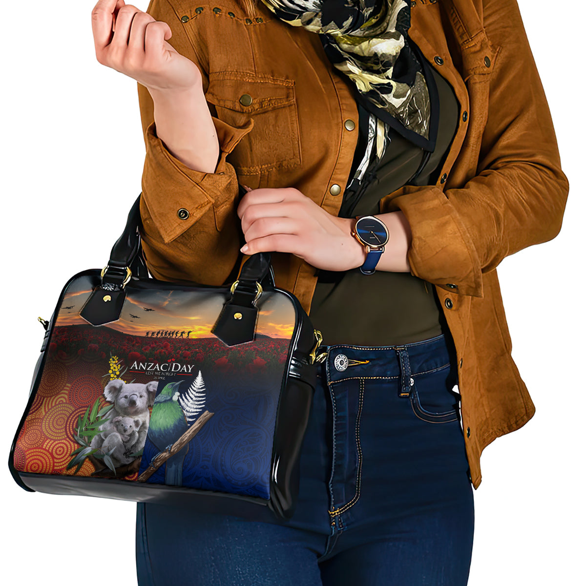 Australia and New Zealand ANZAC Day Shoulder Handbag Tui Bird and Koala mix Maori and Aboriginal Pattern - Vibe Hoodie Shop