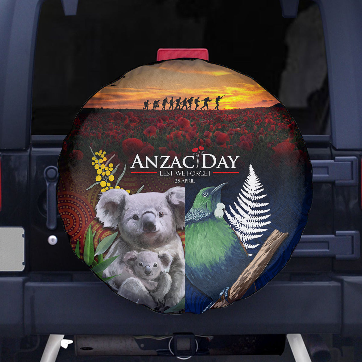 Australia and New Zealand ANZAC Day Spare Tire Cover Tui Bird and Koala mix Maori and Aboriginal Pattern - Vibe Hoodie Shop
