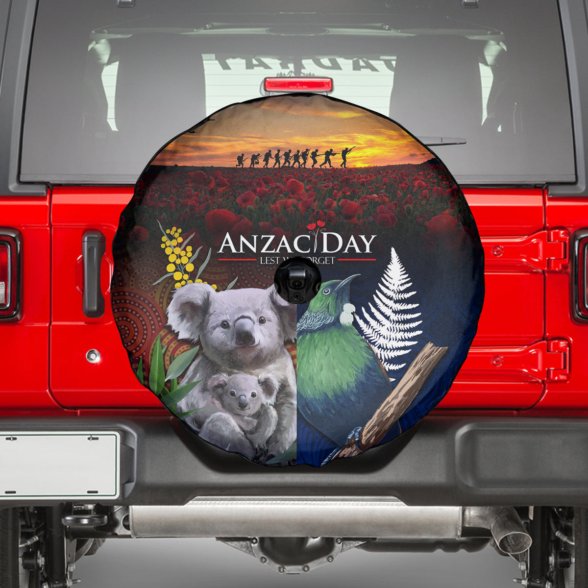 Australia and New Zealand ANZAC Day Spare Tire Cover Tui Bird and Koala mix Maori and Aboriginal Pattern - Vibe Hoodie Shop