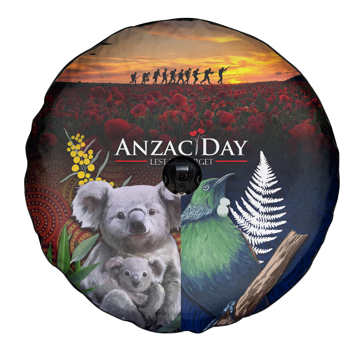Australia and New Zealand ANZAC Day Spare Tire Cover Tui Bird and Koala mix Maori and Aboriginal Pattern - Vibe Hoodie Shop