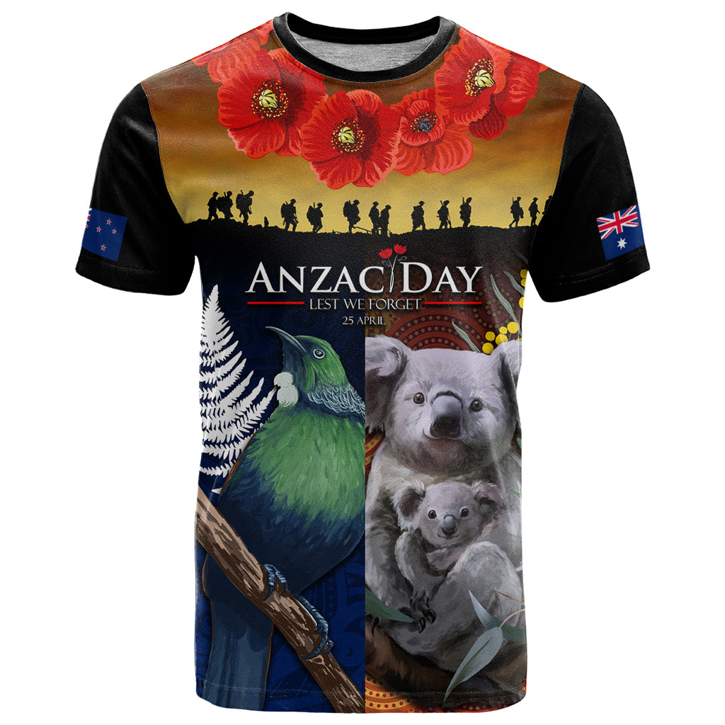 Australia and New Zealand ANZAC Day T Shirt Tui Bird and Koala mix Maori and Aboriginal Pattern - Vibe Hoodie Shop